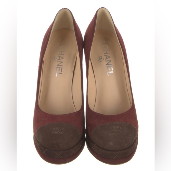 CHANEL Platform Pump Burgundy Brown Toe Cap SHOES Suede Stiletto Heels EU 37.5 - Picture 3 of 5